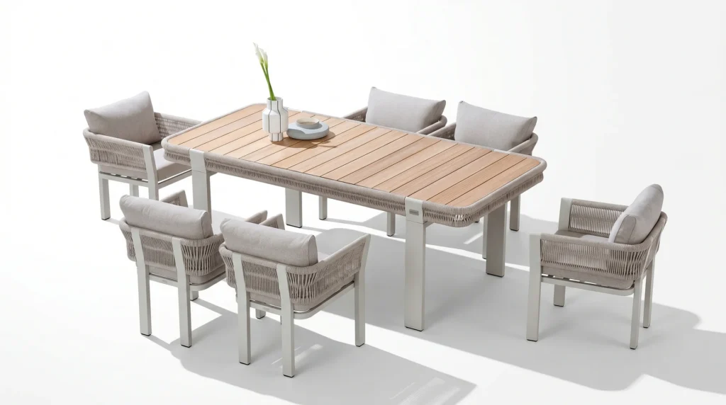 TABLE DE JARDIN 6 PLACES ALUMINIUM ET TECK CREME - COLLECTION BORROMEO